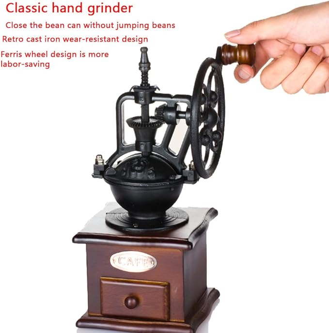 Manual Vintage Style Hand Coffee Grinder, Roller Mill, Cast Iron, Adjustable Grind Thickness