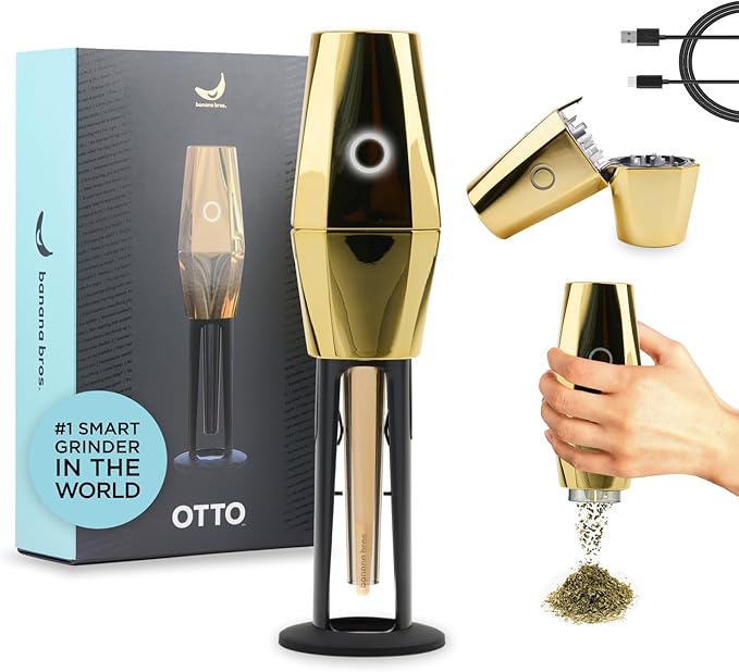Banana Bros OTTO Electric Smart Spice Grinder - Automatic Herb Grinder with Smart Technology - USB Rechargeable - Portable Milling for Dry Herbs and Spices - Gold - Carrying Case Included