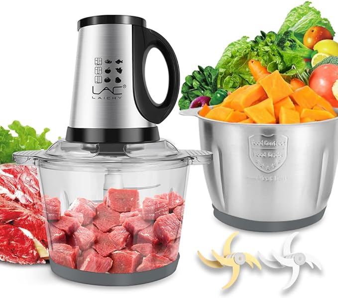 Large Food Processors,Meat Grinder Veggie Chopper with a Glass and a Stainless Steel Bowls,3 Speeds,2 pieces 6 Bi-Level Bladesand Spatula for Baby Food,Meat,Vegetables,Fruits(16+16 CUP)