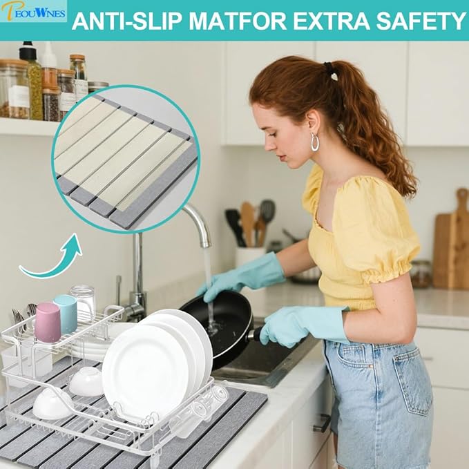 Large Gray Diatomaceous Stone Drying Mat for Kitchen Counter, Quick Dry Collapsible Drying Mat , Absorbent Bath Mat for Kitchen Dishes Cups Bottles Bathroom Any Countertop, 24 In x 16 In