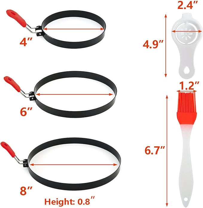 Stainless Steel Pancake Omelet Egg Ring Set, 4/6/8 Inch Round Egg Cooker Rings, Non-Stick, Foldable Handle, Dishwasher Safe