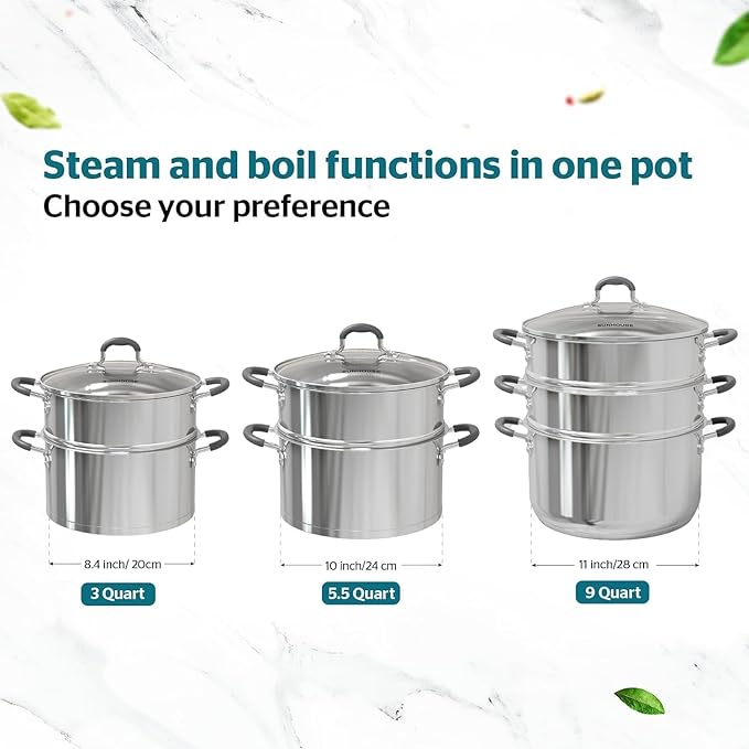 SUNHOUSE 3 Quarts Steamer Pots With Lid 2-Tier Multipurpose Stainless Steel Steaming Pot Cookware For Vegetable, Dumpling, Sauce, Food - Triple Bottom, Measurement Line
