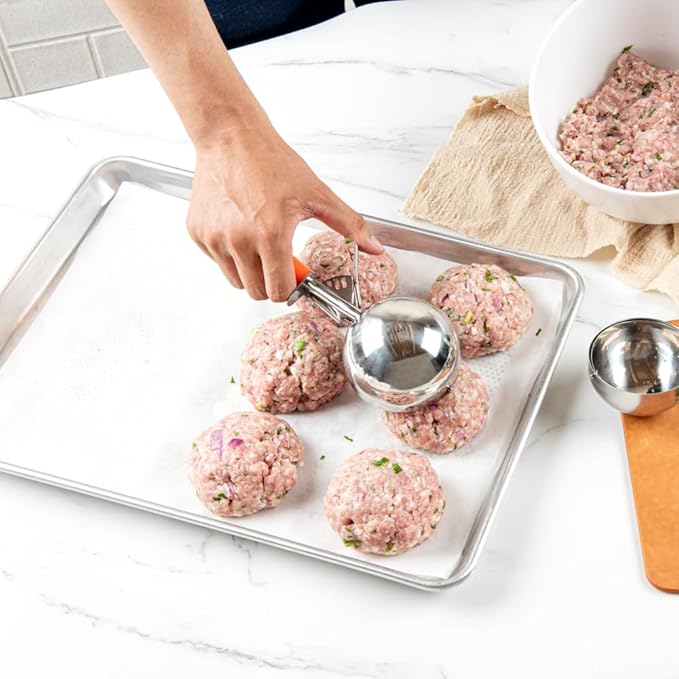 Restaurantware Met Lux 8 Ounce Portion Scoop 1 Durable Disher Scoop - Thumb Trigger Orange Stainless Steel Ice cream Disher For Portion Control For Ice Cream Mashed Potato And Cookie Batter