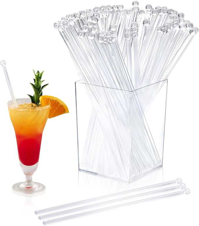 101 Pcs Swizzle Stir Sticks for Cocktails 7 Inch Coffee Stick Holder Clear Crystal Coffee Stirrers Crystal Reusable Swizzle Sticks for Stirrers Holder Round Acrylic Drink Coffee Party Supplies