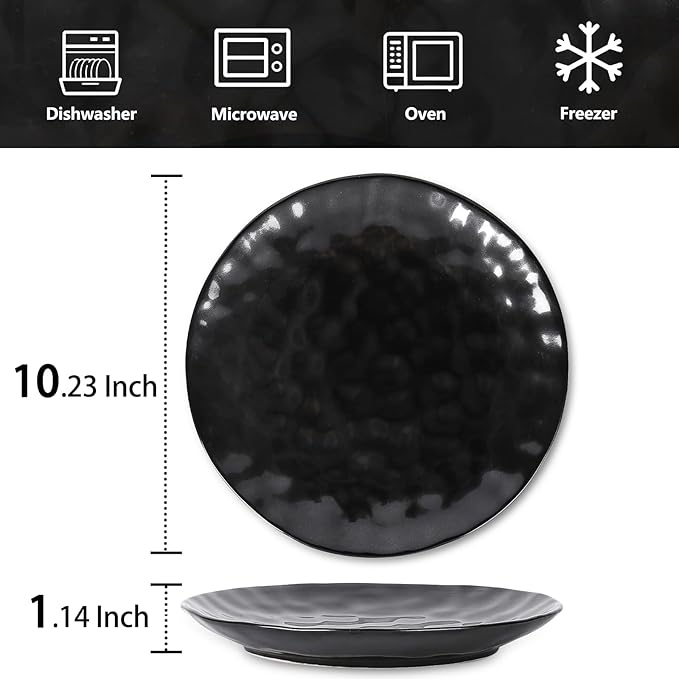 vicrays Ceramic Dinner Plates Set, 10 Inch, Microwave, Oven, Dishwasher Safe, Round, Porcelain Fluted Suitable for Steak, Pasta, Pizza, Home, Restaurant - Set of 6 Black