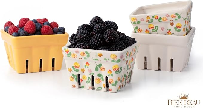 Ceramic Berry Basket, Farmhouse Colander, Farmers Market square Bowl. Rustic Kitchen decor fruit bowls, Fruit Baskets, Yellow, White and floral pattern Stoneware Harvest Bowls Set of 4