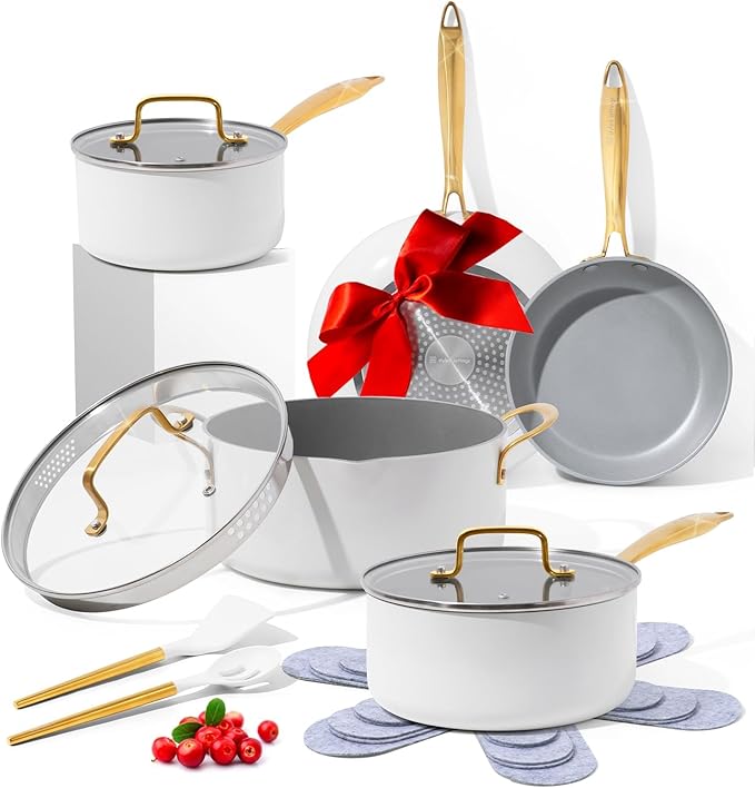 White and Gold Pots and Pans 15 PC Set - Premium Heavy Gauge Nonstick, Non Toxic, PFOA Free, Oven and Dishwasher Safe, Induction Compatible Cookware Set - Gold Kitchen Accessories