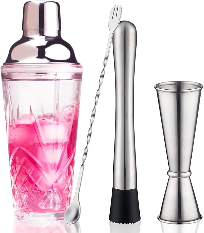 Cocktail Shaker Set - Glass Mixed Drink Shakers Cocktail Set, Martini Shaker with Strainer for Bars, Whiskey, Cocktails (Silver Set)