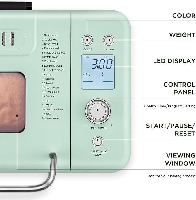 Neretva Bread Maker, 20-in-1 2LB Bread Machine Dual Heater & Nonstick Ceramic Pan Bread Makers Machine All Metal Compact for Gluten Free/Dough Maker/Meat Floss/Jam/Yogurt/Breadmaker Recipe-Light Green