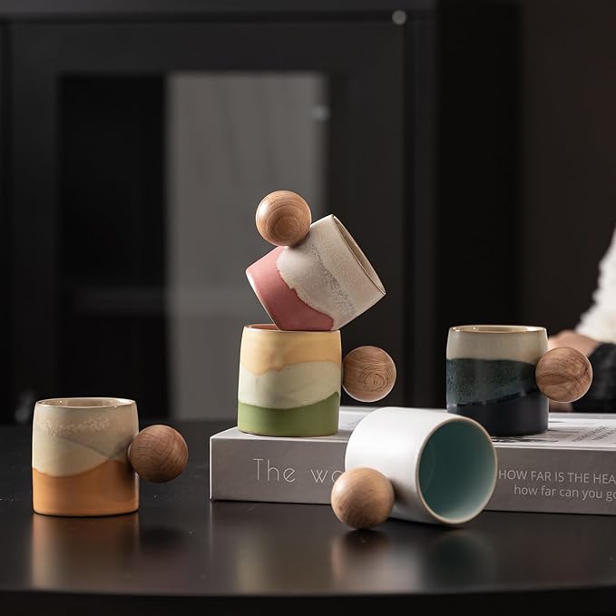 2-Oz Ceramic Espresso Cups with Wood Handle, 2/4-Piece Set for Coffee, Tea, Latte - Dishwasher Safe, Multi-Color & Wood Styles, Gift & Café Use (white, Round Handle2)