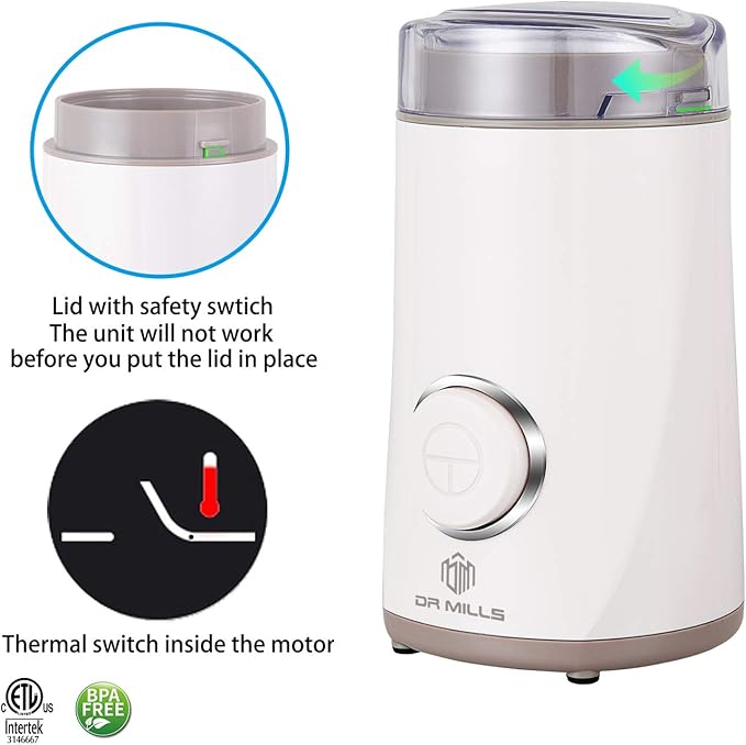 DR MILLS DM-7441 Coffee Grinder Electric, Coffee Bean and Dried Spice Grinder, One Touch Operation, Blade and cup made with SUS304 stainless steel (White)
