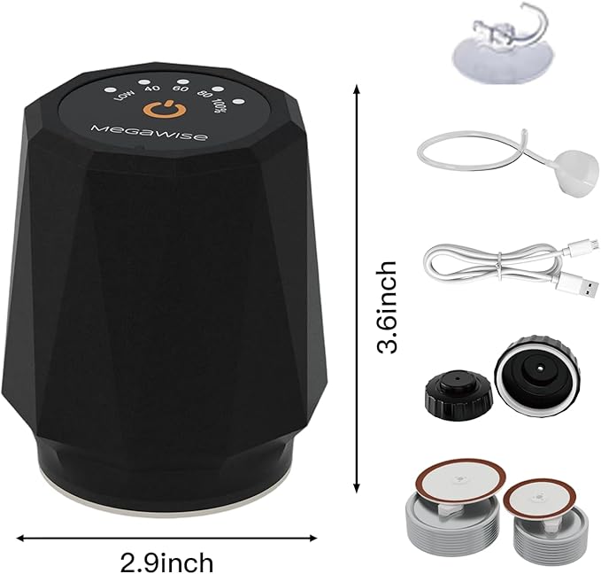 MEGAWISE Handheld Vacuum Sealer for Mason Jars, Compatible with Regular and Wide Mouths, Includes 6 Jar Lids & Accessory Hose