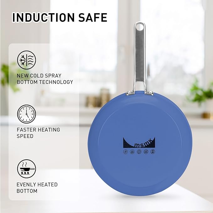 MsMk Blue 8" + 9.5" + 11" Ceramic Non Stick Frying Pans Sets, PFOA Free Non-Toxic, Scratch-resistant, Oven-Safe, Induction Ready, Compatible with All Cooktops