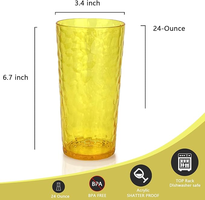 Yalin 24-Ounce Plastic Tumbler Acrylic Drinking Glasses, Reusable Plastic Cups, Stackable, BPA-Free, Shatter Proof, Dishwasher Safe, Set of 8 (Yellow)