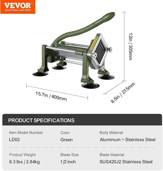 VEVOR French Fry Cutter, Potato Slicer with 1/2-Inch Stainless Steel Blade, Manual Potato Cutter Chopper with Suction Cups, Great for Potato, French Fries, Cucumber, Vegetables, Carrot