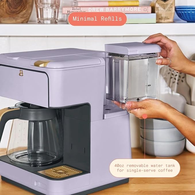 Beautiful Multi-Brew Coffee Maker – 12-Cup Carafe & Single-Serve Pod or Grounds, Iced Coffee Mode, Programmable Touch Display, Includes Filters (Lavender)