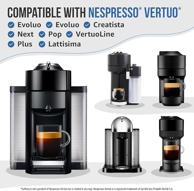 Caffenu Descaling Kit Compatible with Nespresso Vertuo, 2 Uses Descaling Solution and 6 Cleaner Pods. Removes Limescale & Cleans Pod Area. Better Tasting & Hotter Coffee. 4 Months Supply.