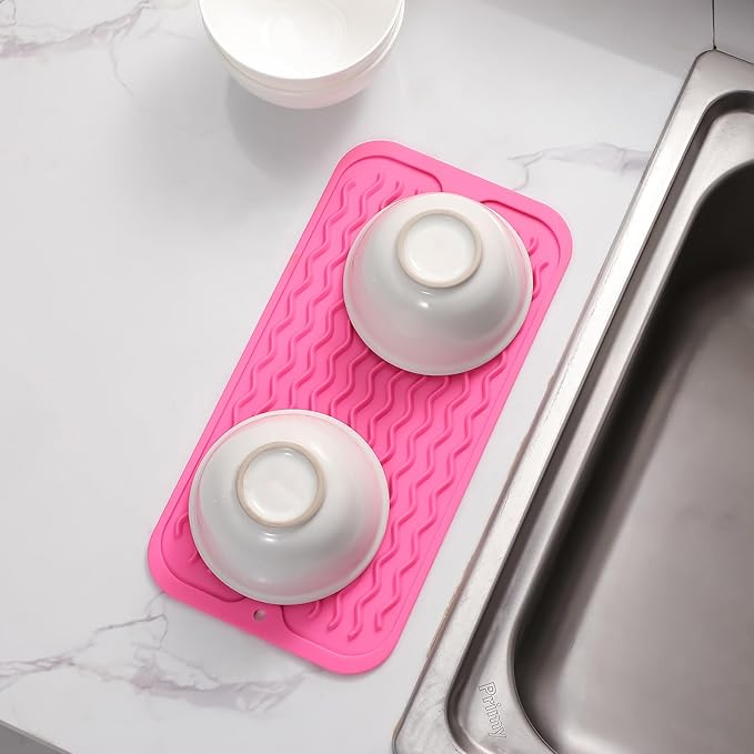 Silicone Dish Drying Mat for Multiple Usage,Easy clean,Eco-friendly,Heat-resistant Silicone Mat for Kitchen Counter or Sink,Refrigerator or Drawer Liner Rose S 12 inches x 6 inches