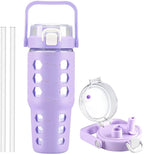 MUKOKO 32 oz Glass Tumbler with Straw,Glass Water Bottles with Time Marker,Iced Coffee Cup with Silicone Sleeve,Motivational Drinking Bottles,Leakproof-Purple