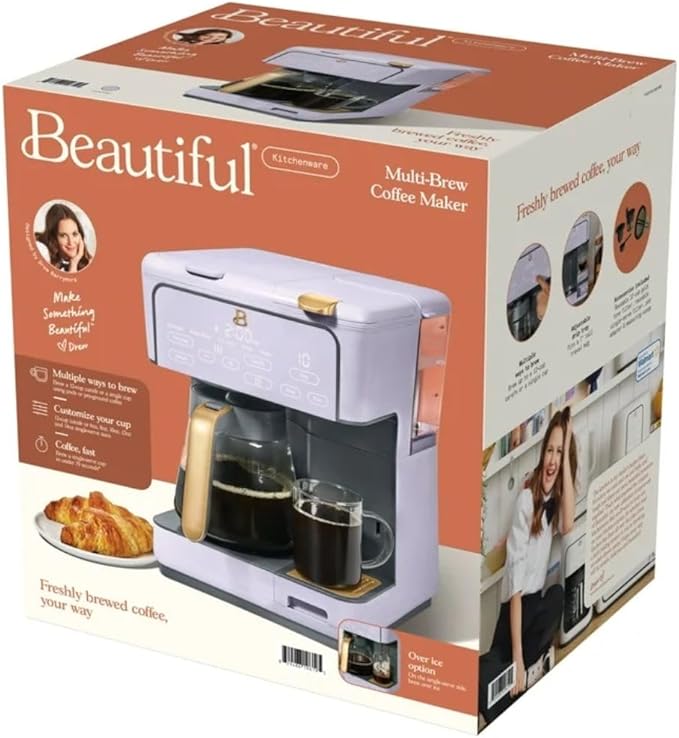 Beautiful by Drew Barrymore Multi-Brew Coffee Maker, 12-Cup Carafe + Single-Serve, Pods or Grounds, Over Ice, Touch Display. (Lavender)