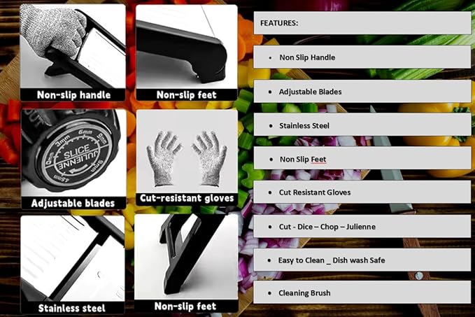 Adjustable Stainless Steel Mandoline Slicer for Kitchen – Sharp & Durable Vegetable and Fruit Cutter with Non-Slip Grip, Safety Gloves, Cleaning Brush – Easy-Clean & Dishwasher-Safe