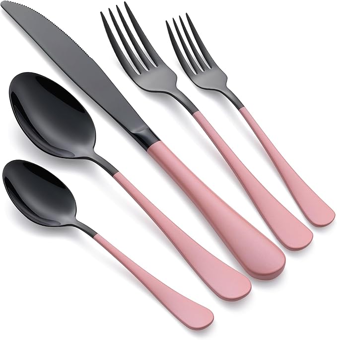 20-Piece Black Silverware Set 18/0 Stainless Steel Silverware Set Light pink Handle Cutlery Set Service for 4 Dinner Knives Forks Spoons Set Flatware Set Finish Dishwasher Safe