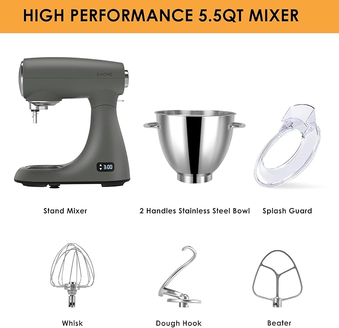 ZACME Mixers Kitchen Electric Stand Mixer 5.5QT 600W, Aluminum die casting and Gears, Dual Cooling System, Low Noise, DC Motor, LED Display and Timing Function, Tilt-head Metal Food Mixer, Grey