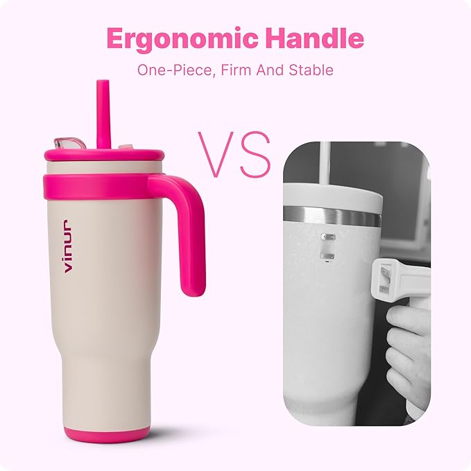 VINUR 40 oz Insulated Tumbler with Handle|Leak-Proof Lid|18/8 Stainless Steel Vacuum Travel Cup Coffee Mug with Rubber Base | Cup Holder Friendly| Gifts for Women & Men, Cream