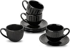 Hasense 4 Oz Espresso Cups with Saucers Set of 4, Ribbed Cappuccino Cups Ceramic for Coffee,Espresso,Double shot,Latte and Macchiato, Demitasse Cups Set Aesthetic Gift, Black