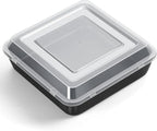 P&P CHEF Square Baking Pan with Lid, Nonstick Stainless Steel Square Cake Pan and Plastic Lid, Black Bakeware Tin for Lasagna Brownies, Sturdy & Easy Clean, (8 Inch, 2Pcs)