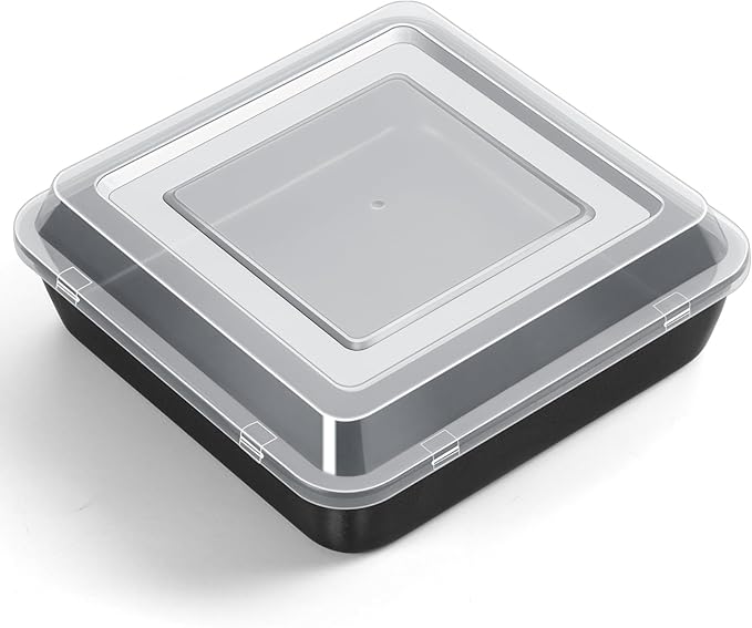 P&P CHEF Square Baking Pan with Lid, Nonstick Stainless Steel Square Cake Pan and Plastic Lid, Black Bakeware Tin for Lasagna Brownies, Sturdy & Easy Clean, (8 Inch, 2Pcs)