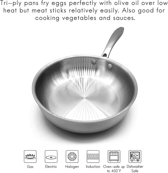 Fortune Candy 8-Inch Fry Pan with Lid, 3-ply Skillet, 18/8 Stainless Steel, Dishwasher Safe, Induction Ready, Silver