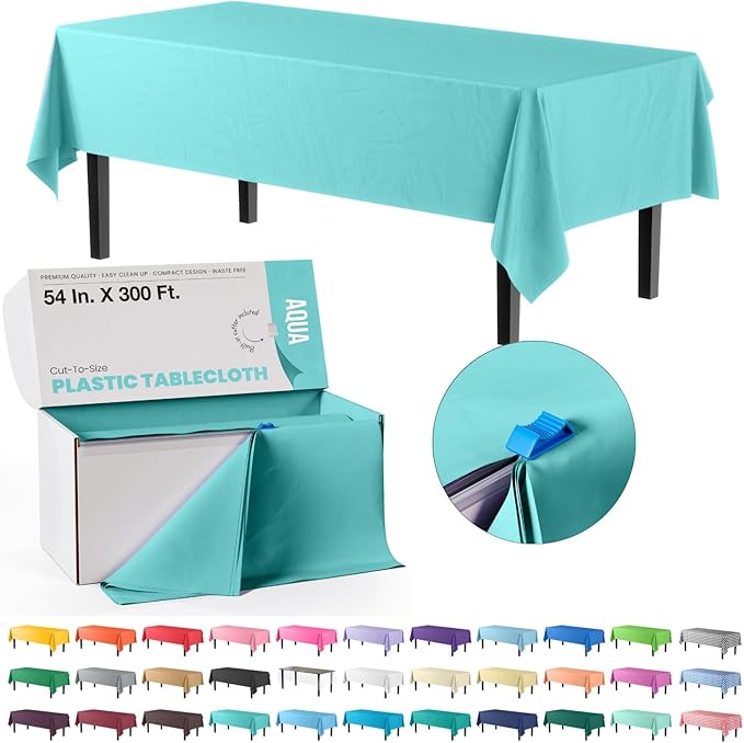 Exquisite Party Solids 54 Inch X 300 Feet Aqua Plastic Table Cover Roll in A Cut - to - Size Box with Convenient Slide Cutter. Cuts Up to 36 Rectangle 8 Feet Plastic Disposable Tablecloths