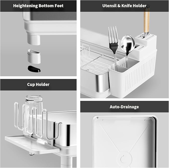 Dish Drying Rack, 304 Stainless Steel Dish Racks for Kitchen Counter, Dish Drainers with Automatic Drainage, Utensil Holder & Cups Holder, Space Saving Kitchen Organizer, White