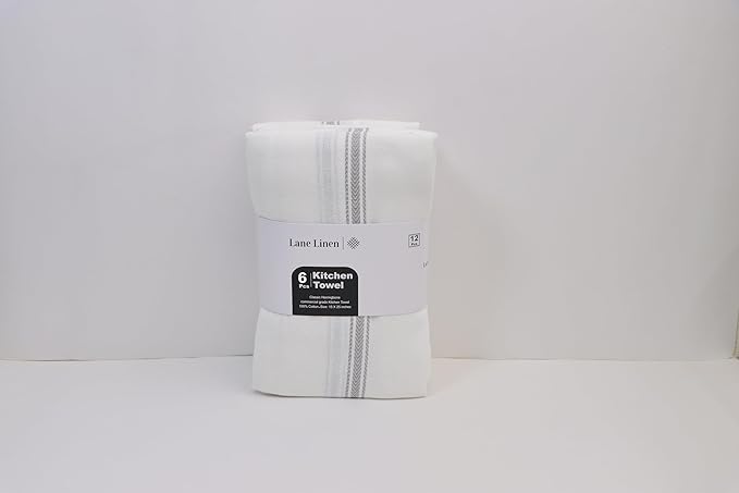 LANE LINEN Kitchen Towel Set, 6 Pack Dish Towels for Kitchen, 100% Cotton Absorbent Tea Towels, Quick Dry, 14"x25", Herringbone Weave, Reusable, Machine Washable, Soft for Drying Dishes - Grey Stripe