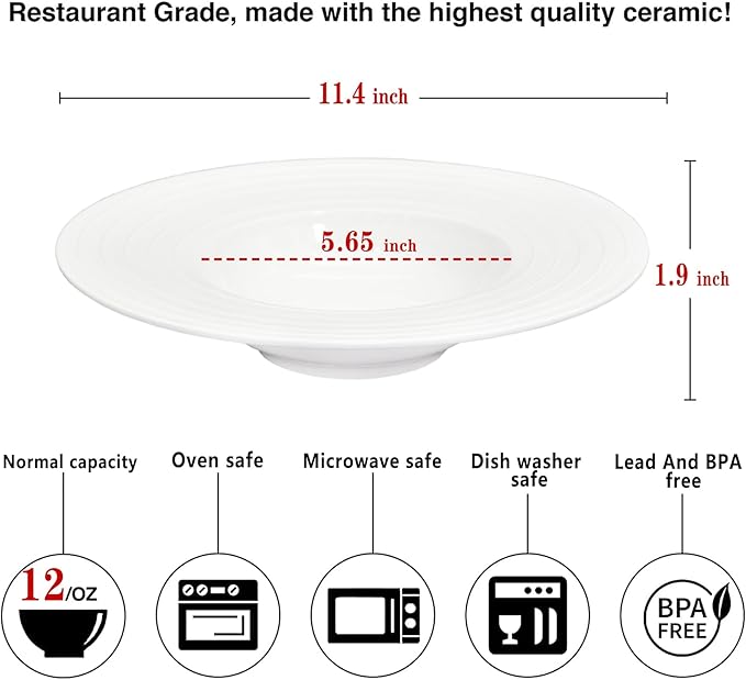 Ceramic Wide Rimmed Soup Plate, Soup Bowl 12 oz, Pasta Bowl Set of 4, White Shallow Bowl Plate with Rim, Best choice for high-end restaurants, hotels, and foodies,11.4 Inch Coil relief