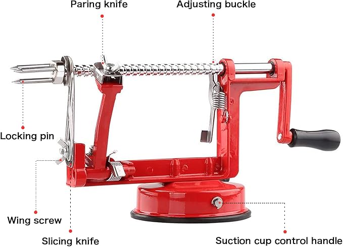 Apple Peeler Corer, Long lasting Chrome Cast Magnesium Alloy Apple Peeler Slicer Corer with Stainless Steel Blades and Powerful Suction Base for Apples and Potato(Red)