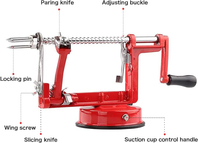Apple Peeler, Slicer Corer Potato Peelers 3 In 1, Stainless Steel Heavy Duty Suction Cup Base And 7 Extra Blades (Red)