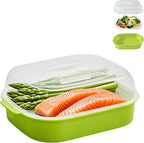 Microwave Steamer for Vegetables, Plastic Microwave Vegetable Steamer with Lid for Vegetables Prep Seafood Fish Cooking, Green-Rectangle, 10.6Inch