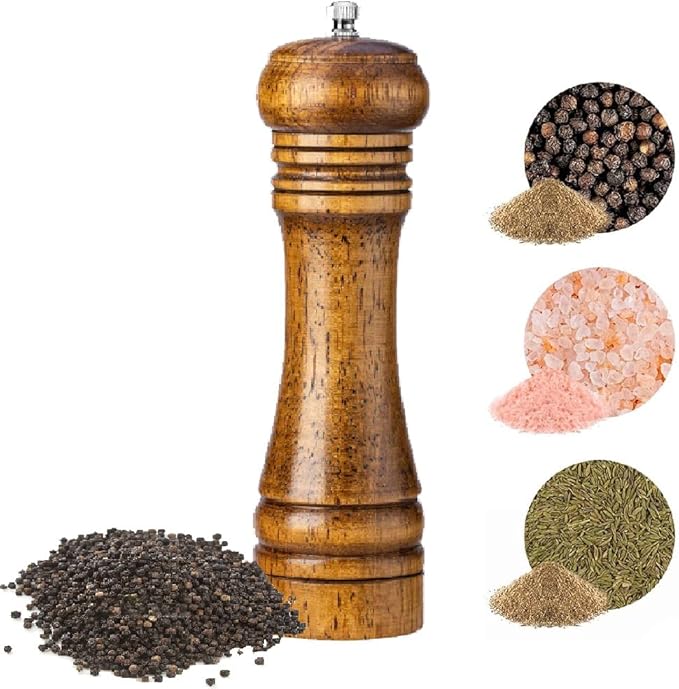 Wooden Pepper Grinder Mill, 8 Inch Salt or Mill Grinder Refillable with Adjustable Coarseness, Acacia Wood Peppercorn Grinder Shaker Tableware Gifts Manual Pepper Grinder Kit Seasoning Mill