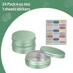 YQ 24 Pack 4 oz Tins for Salves, Round Aluminum Metal Tin with Lids, Empty 4oz Tin Containers Food Storage Containers, Salve Tins with Lids and Labels for Cosmetic, Balm, Candle, Candy(Light Green)