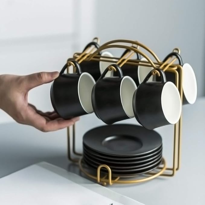 YHOSSEUN Ceramic Espresso Cups Set of 6, 4 Oz Expresso Shots Cup with Stand & Saucers, Small Coffee Espresso Cup Demitasse Cups, Black