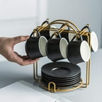 YHOSSEUN Ceramic Espresso Cups Set of 6, 4 Oz Expresso Shots Cup with Stand & Saucers, Small Coffee Espresso Cup Demitasse Cups, Black