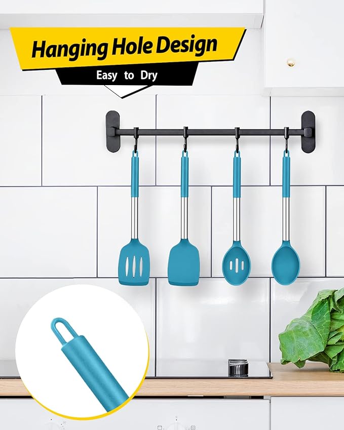 Pack of 4 Silicone Cooking Utensils Set, Non Stick Large Solid Spatulas, Heat Resistant Blue Slotted Spoons, Ideal BPA Free Kitchen Turners for Frying, Mixing,Serving,Draining,Turning,Stirring