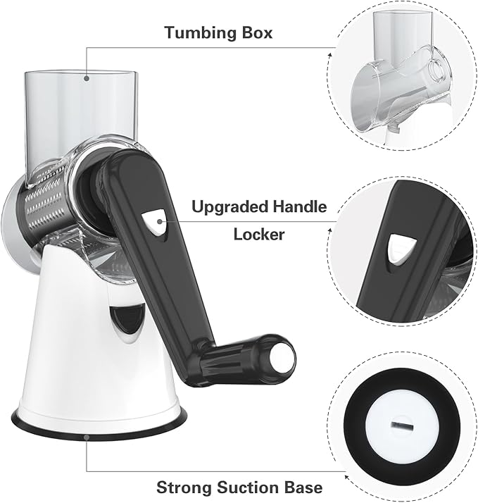Cambom Rotary Cheese Grater Hand Crank Cheese Shredder for Fresh Cheese, Vegetable, Nuts,Non-slip Suction Base, Free Cleaning Brush Three Blades, White and Black