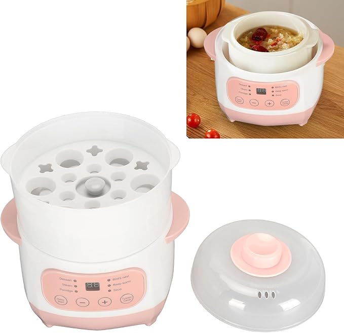 Electric Stew Pot, 1L 200W Appointment Timing Smart Slow Cooker with Steamer & Boil Dry, Automatic Mini Ceramic Pot with Lid, Digital Porridge Soup Pot for Home