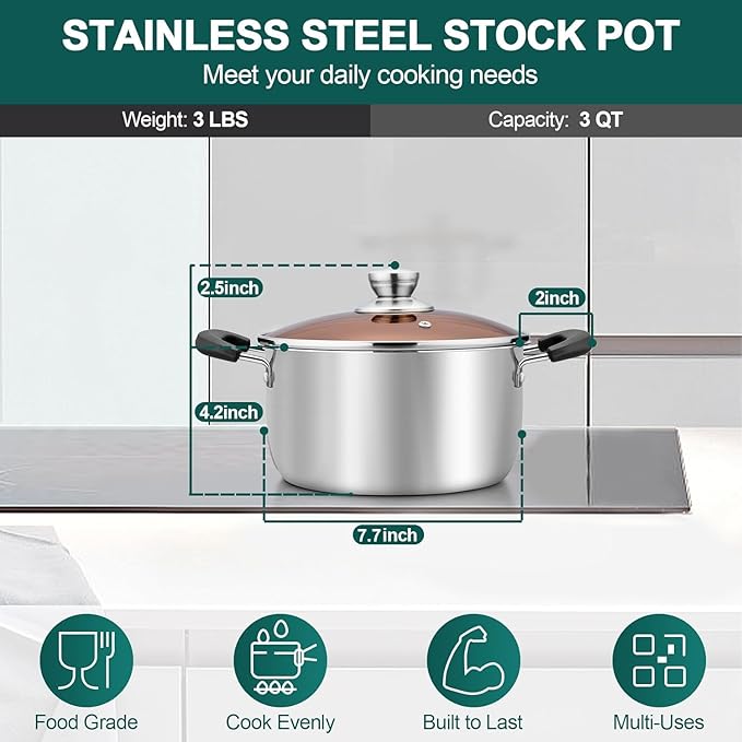 TeamFar 3 Quart Stock Pot, Stainless Steel Stock Pasta Soup Pot with Lid, Tempered Glass Lid & Double Heat-Proof Handles, Non-Toxic & Healthy, Heavy Duty & Dishwasher Safe