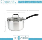 Sauce Pan, Stainless Steel 1.7 Quart Sauce Pan with Clear Glass Lid and Permanent Measurement Markings, Small Boiling Pot, Induction, Gas Electric Compatible