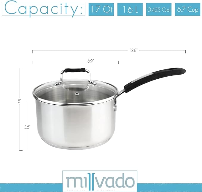 Sauce Pan, Stainless Steel 1.7 Quart Sauce Pan with Clear Glass Lid and Permanent Measurement Markings, Small Boiling Pot, Induction, Gas Electric Compatible
