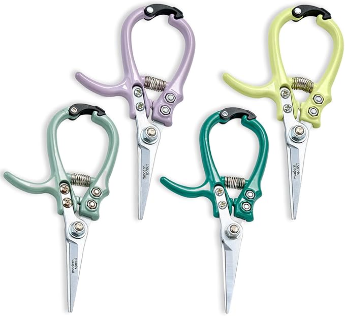 Modern Sprout Pruning Shears - Herb Snipping Scissors- Lightweight Gardening Tools W/Easy Lock - Flower Cutter Garden Shears - Carbon Steel Blade + Plastic-Free Reusable Holster (Multicolor, 4 Pcs)